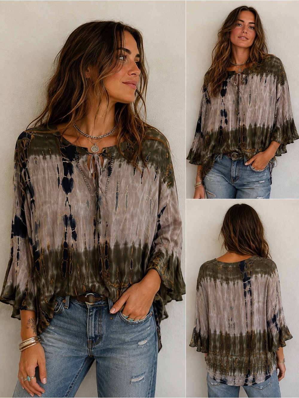 Women’s Boho Tie Dye Bell Sleeve Tunic Blouse Oversized Artsy Top